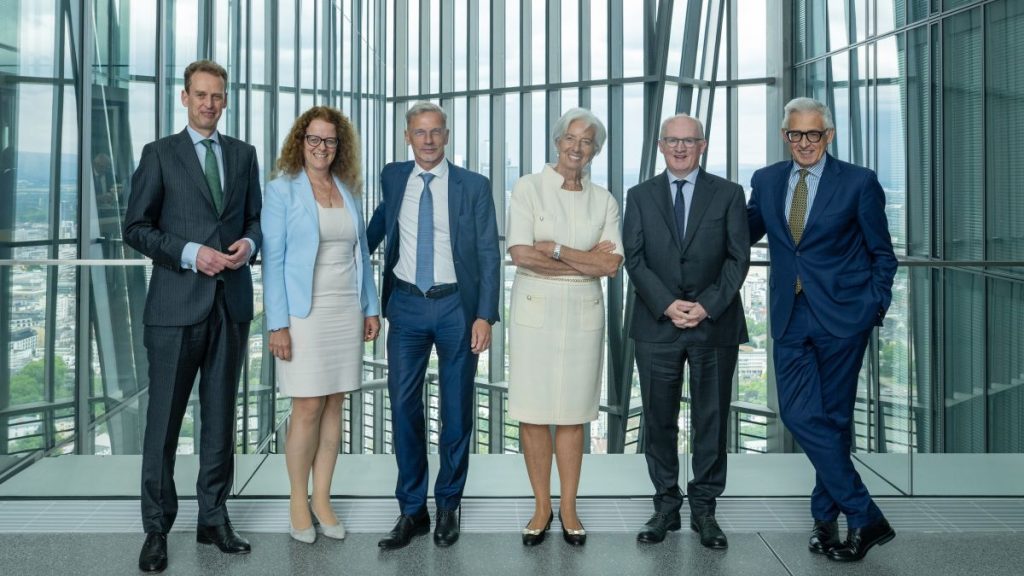 Članovi Izvršnog odbora ESB-a. Slijeva: Frank Elderson, Isabel Schnabel, Boris Vujčić, Christine Lagarde, Philip Lane i Piero Cipollone. Foto: ESB